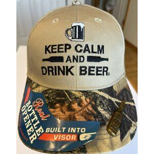 Keep Calm and Drink Beer Baseball Cap– Camo, Adjustable, Built-In Opener
